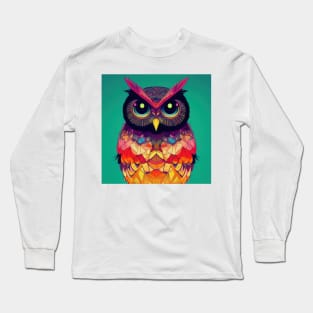Colorful Owl Portrait Illustration - Bright Vibrant Colors Kawaii Bohemian Style Feathers Psychedelic Bird Animal Rainbow Colored Art Long Sleeve T-Shirt